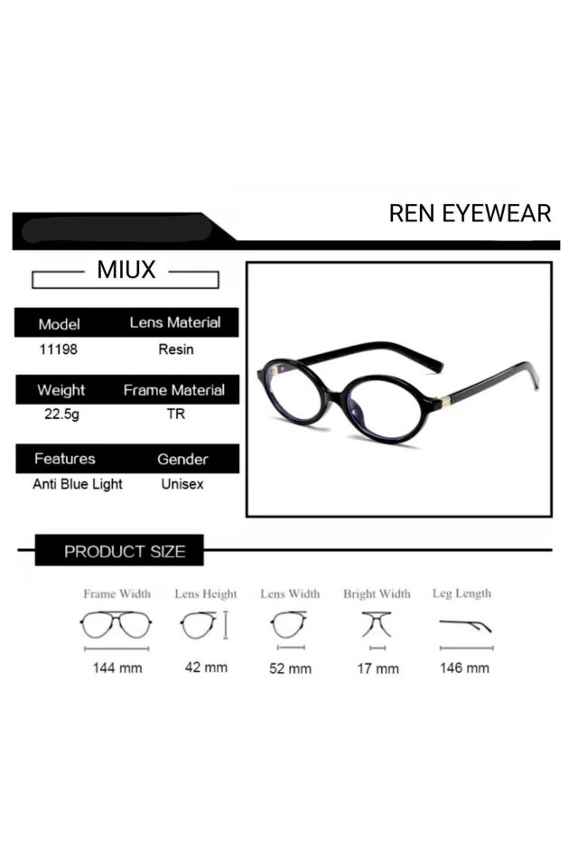 Miux Siyah Oval Çerçeve Gold Renkli Aksesuarlı Popüler Şeffaf Ekran Gözlüğü