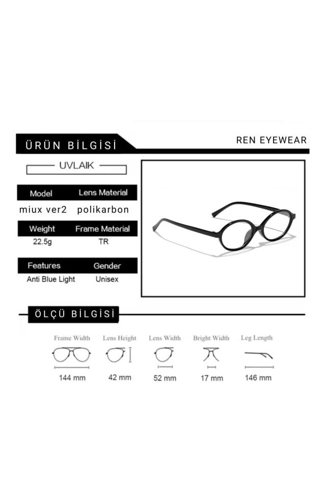 Tr Miux Ver2 Logosuz Siyah Oval Çerçeve Popüler Şeffaf Ekran Gözlüğü