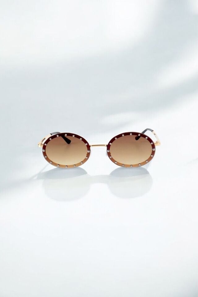 Carlot Taşlı Oval Kahverengi  Güneş Gözlüğü 2024 MODEL Uv400 Kadın Tasarım /REN EYEWEAR