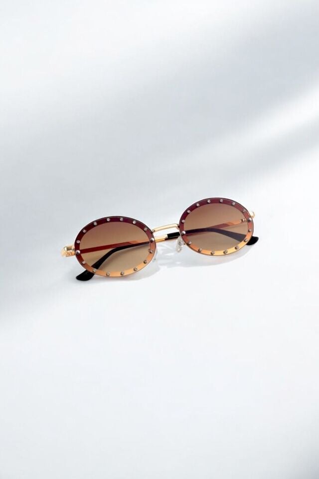Carlot Taşlı Oval Kahverengi  Güneş Gözlüğü 2024 MODEL Uv400 Kadın Tasarım /REN EYEWEAR