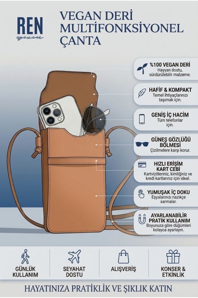 Vegan Deri Telefon Çantası & Gözlük Kılıfı Askılı – Çok Amaçlı Mini Çapraz Çanta, Kart Bölmeli, Ayarlanabilir Askı