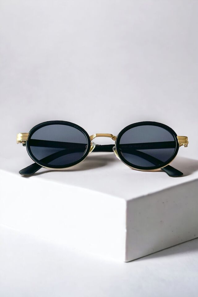 Dina Round Güneş Gözlüğü Unisex siyah gold Oval Çerçeveli