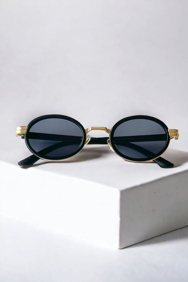 Dina Round Güneş Gözlüğü Unisex siyah gold Oval Çerçeveli