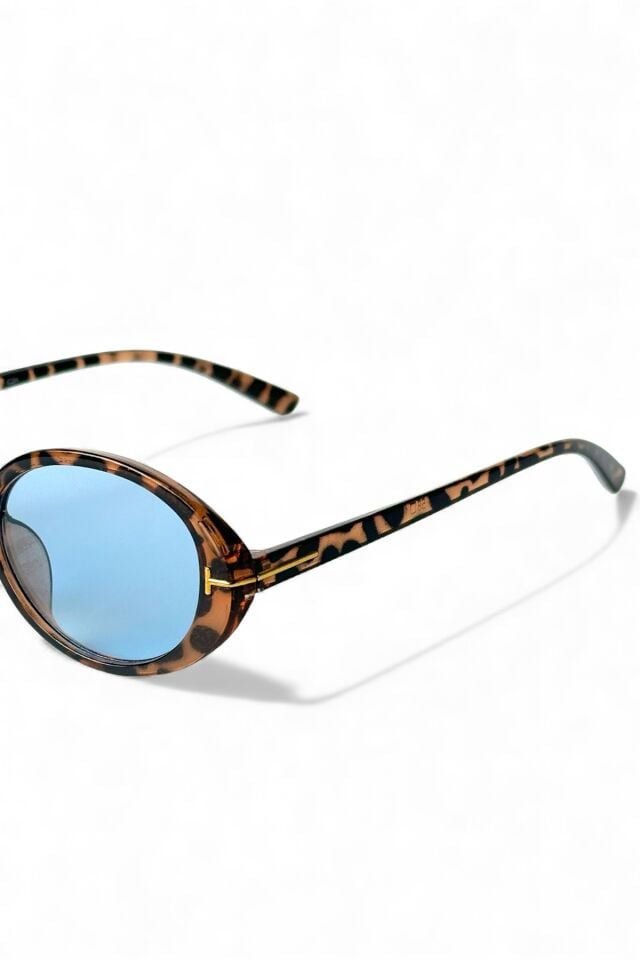 Ovelle Kadın Leopar çerçeve Mavi cam Oval Güneş Gözlüğü – Aksesuar Detaylı Modern Tasarım Uv400
